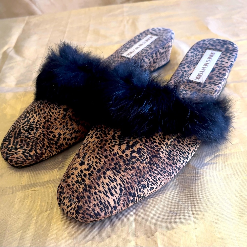 Jones New York Animal Print Slippers with Fur 1 1/2 inch heel